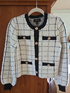 TRUTH By Republic Black & White Windowpane Bouclé Cardigan